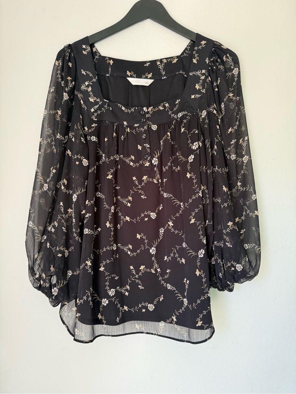 LC Lauren Conrad Black Floral Print Sheer Long Sleeve Blouse Square Neck Large